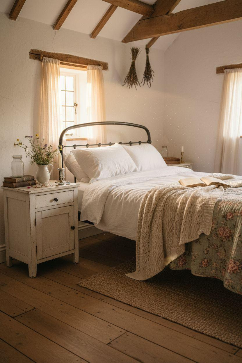 Cottage Bedroom - minimalist cottagecore with vintage quilt