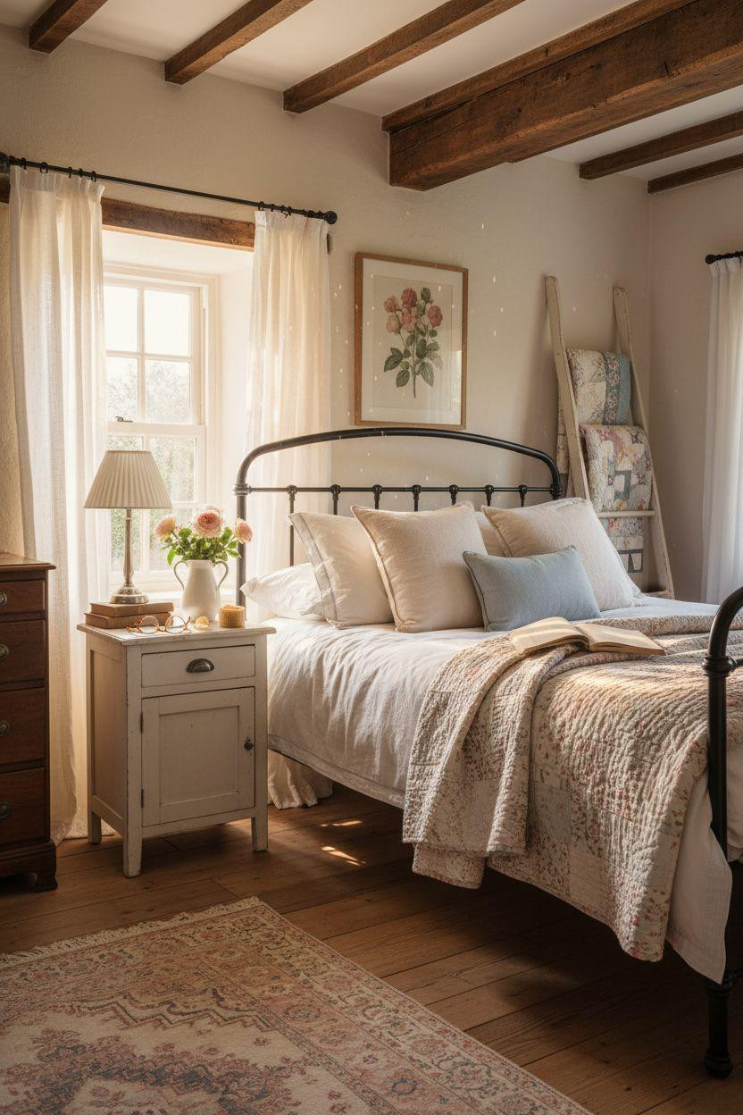 Cottage Bedroom - iron bed with botanical art and vintage runner
