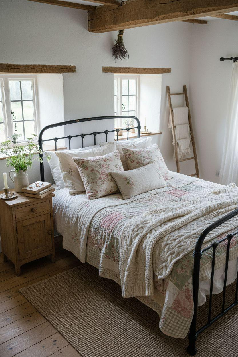 Cottage Bedroom - vintage Cotswolds bedroom with patchwork quilt