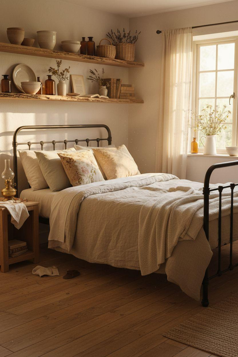 Cottage Bedroom - cottage with hand-thrown ceramics and wildflowers