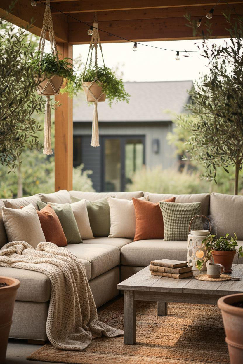 Covered Patio Ideas - cozy farmhouse corner with textiles