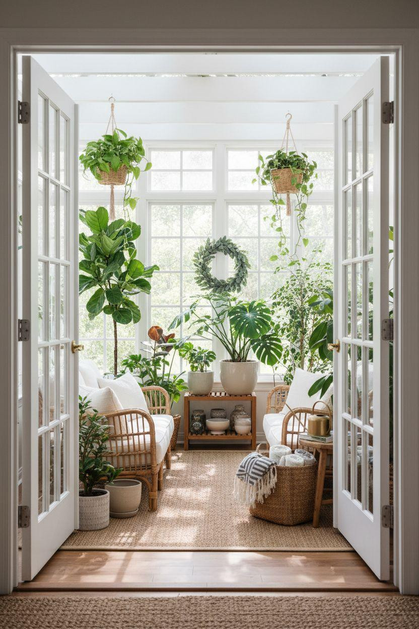 Sunroom ideas viewed through French doors with plants