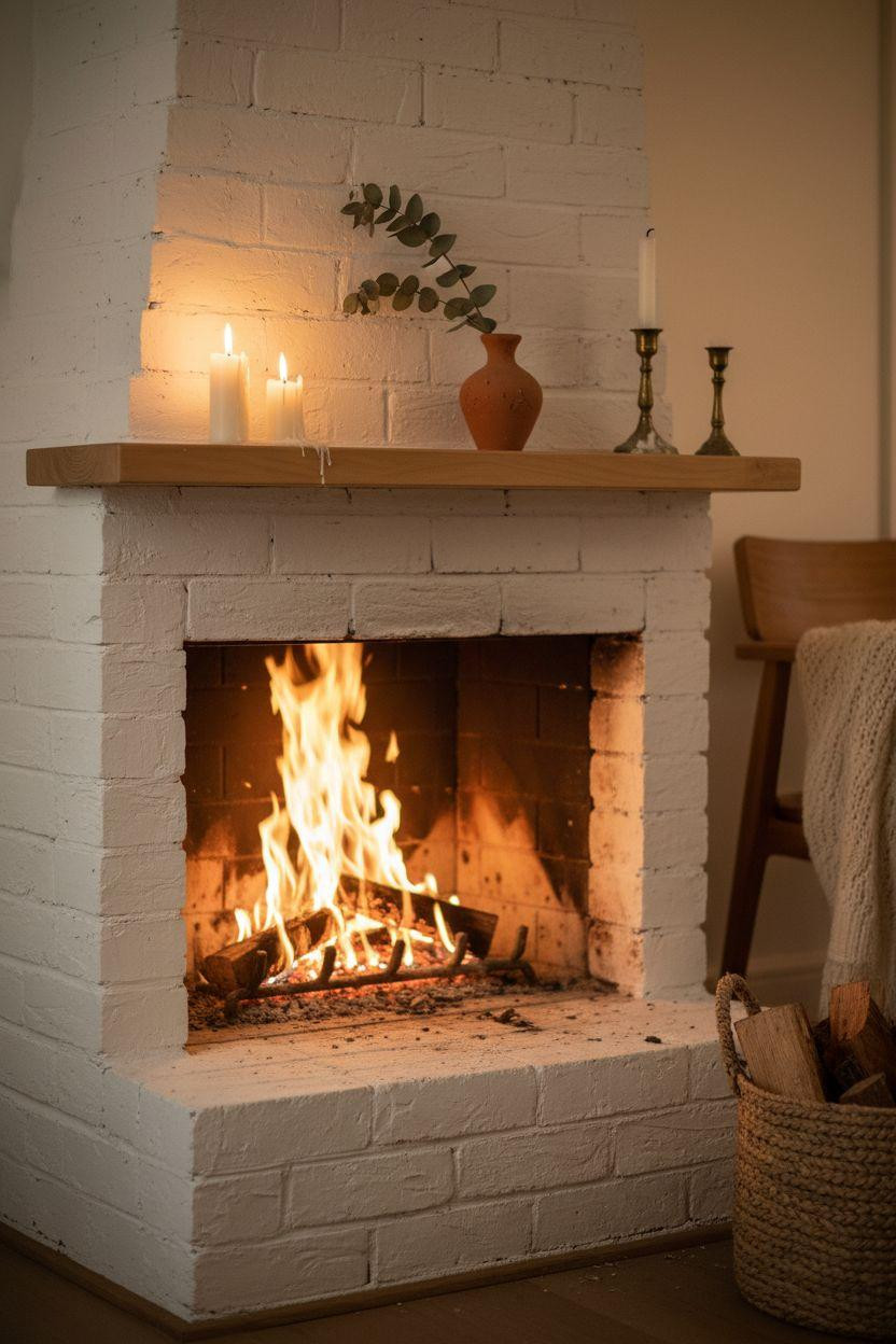 Farmhouse corner fireplace with white painted brick and candles
