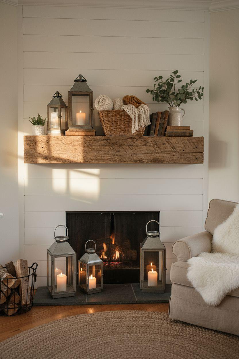Corner Fireplace Living Room Layout with farmhouse shiplap surround