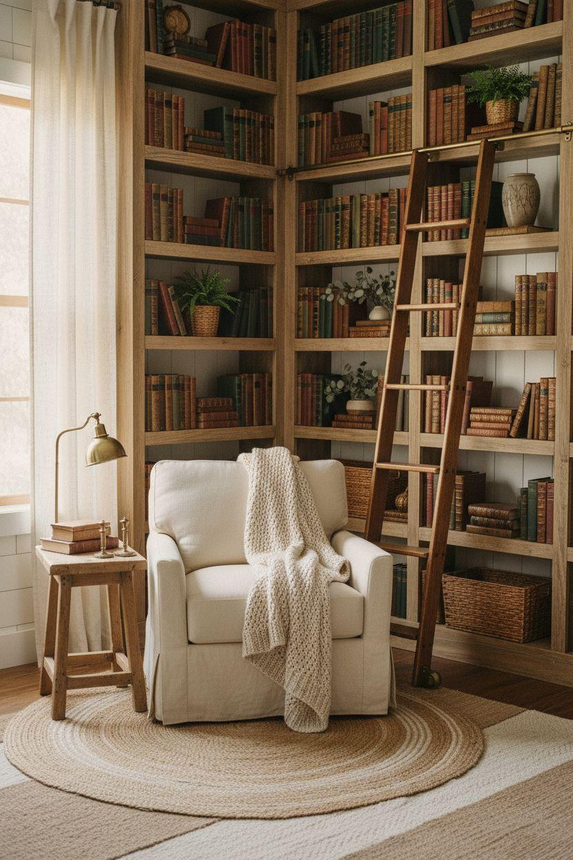 Cozy Home Library Ideas farmhouse style with rolling ladder