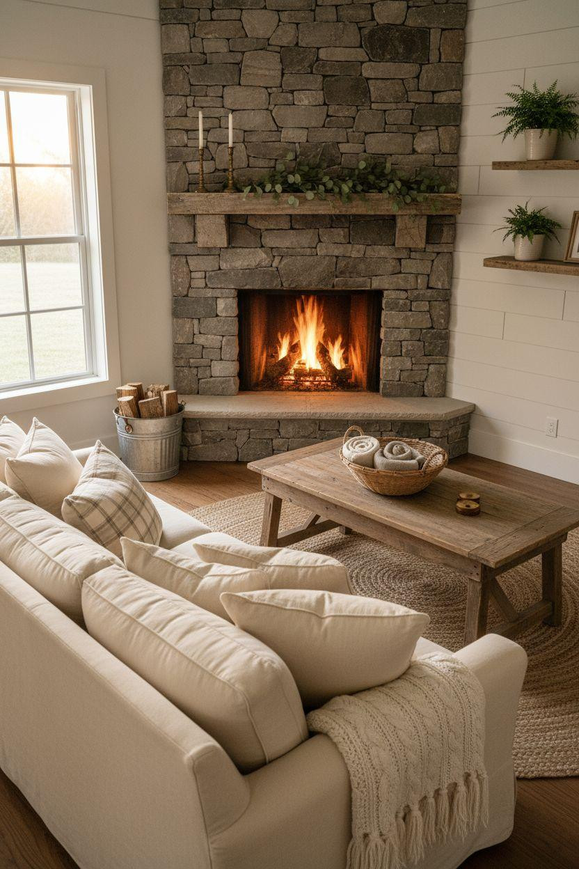 Farmhouse living room with corner stone fireplace and cream sofa