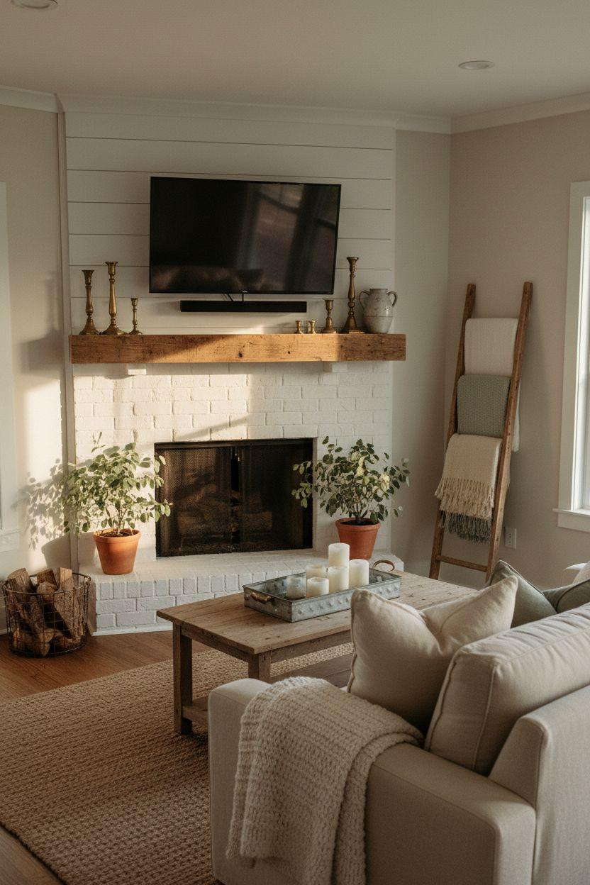 Farmhouse small living room with white shiplap corner fireplace