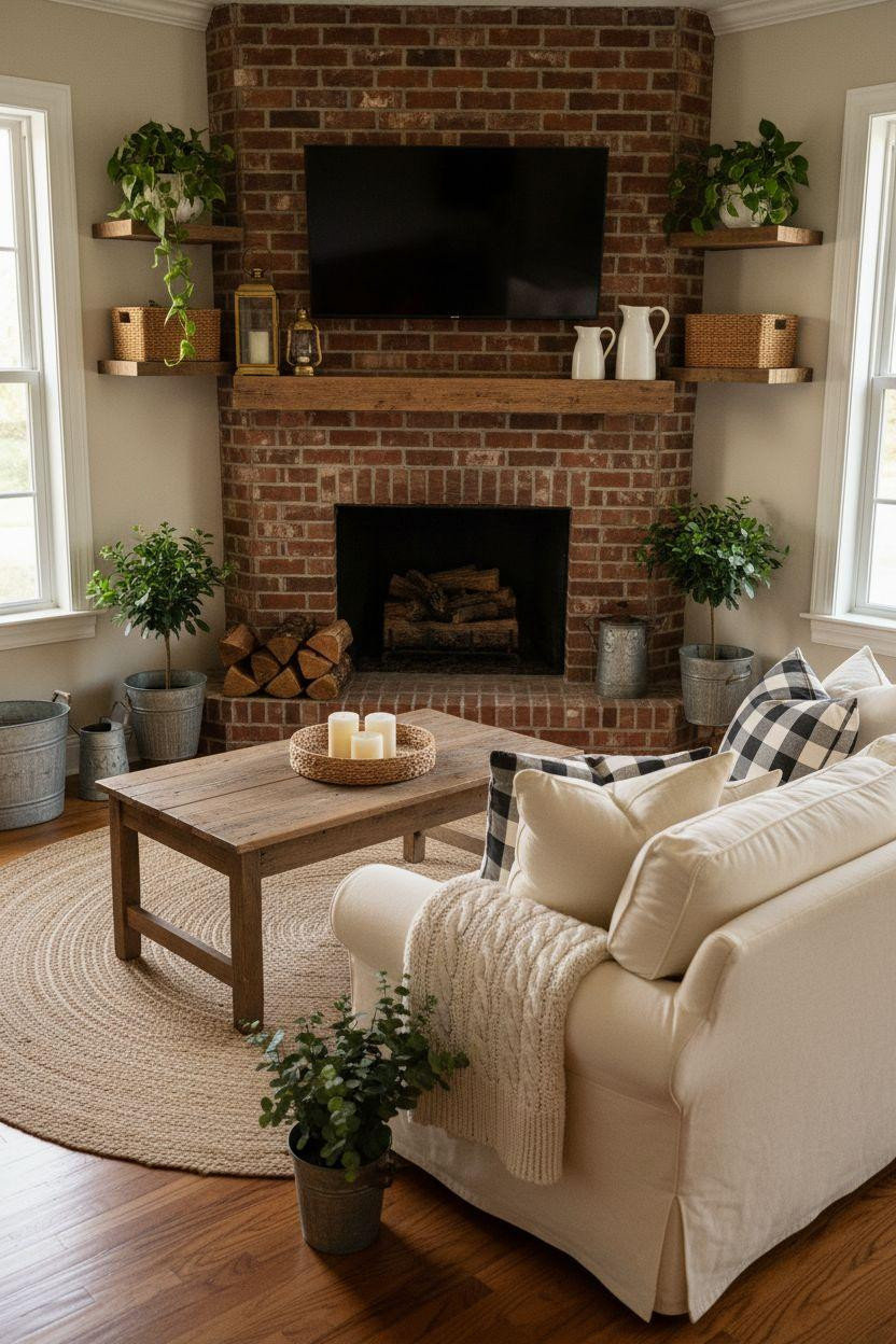 Farmhouse living room with rustic corner brick fireplace