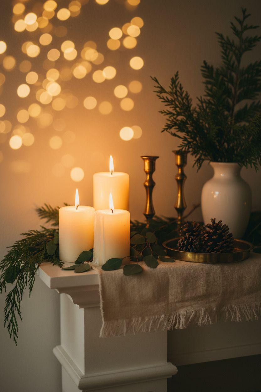 Corner Fireplace Living Room Layout mantel with candles and greenery