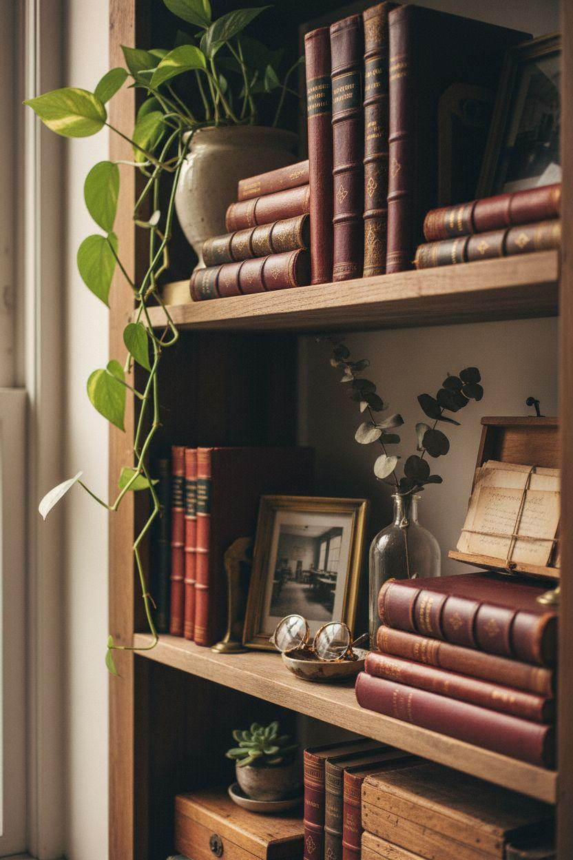 Cozy Home Library Ideas bookshelf styling with plants and decor
