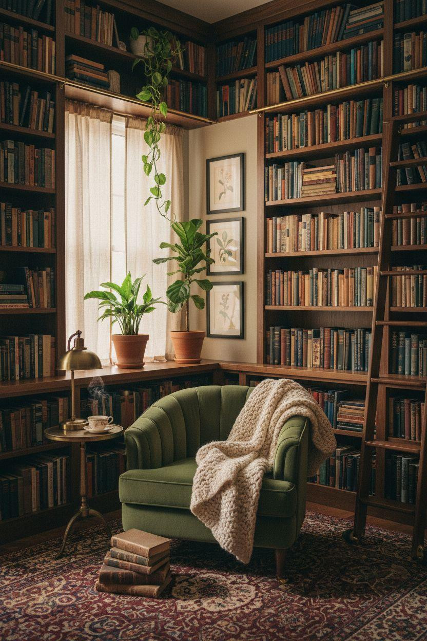Cozy Home Library Ideas with velvet reading chair and bookshelves