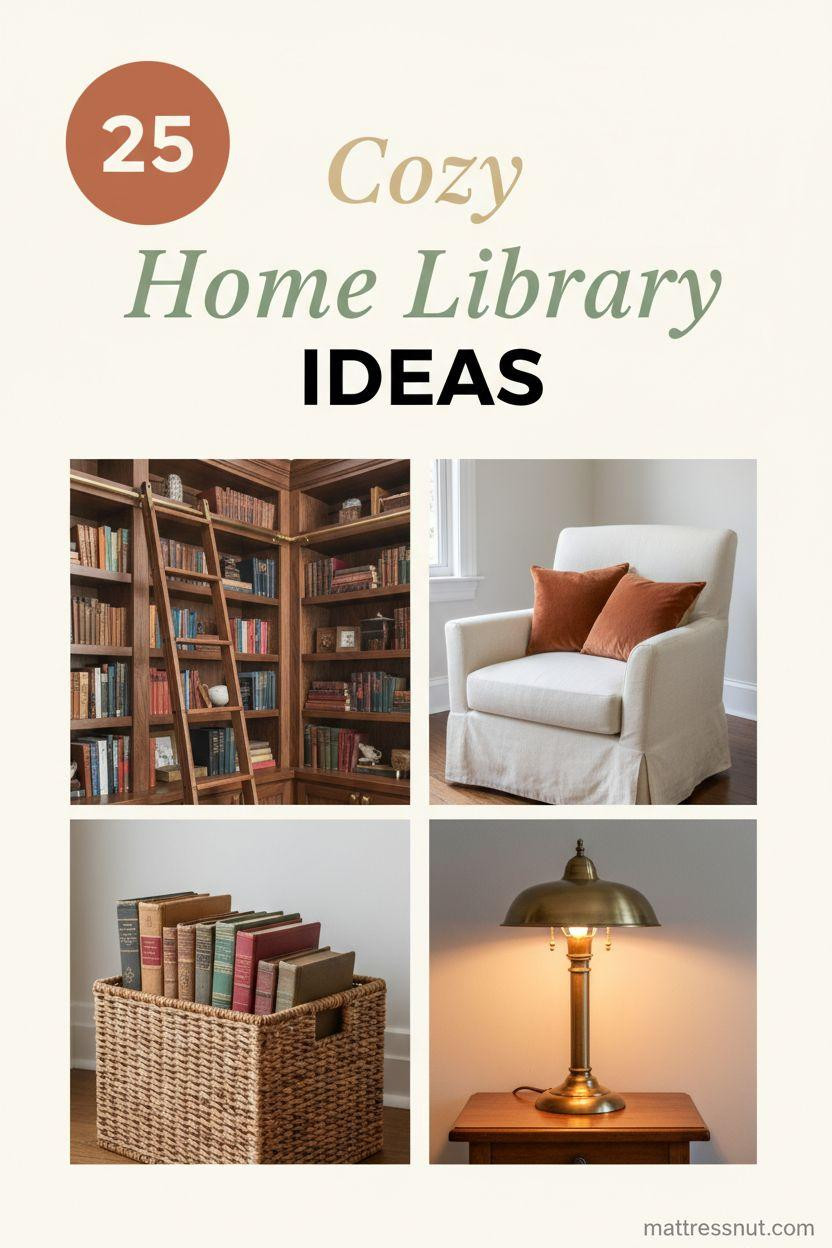 Pinterest board cover collage featuring circular terracotta badge with '25', elegant text 'Cozy Home Library IDEAS', and visuals of walnut bookshelf with brass ladder, cream linen chair with terracotta pillow, rattan basket of books, and antique brass lamp on wood table in warm palette.