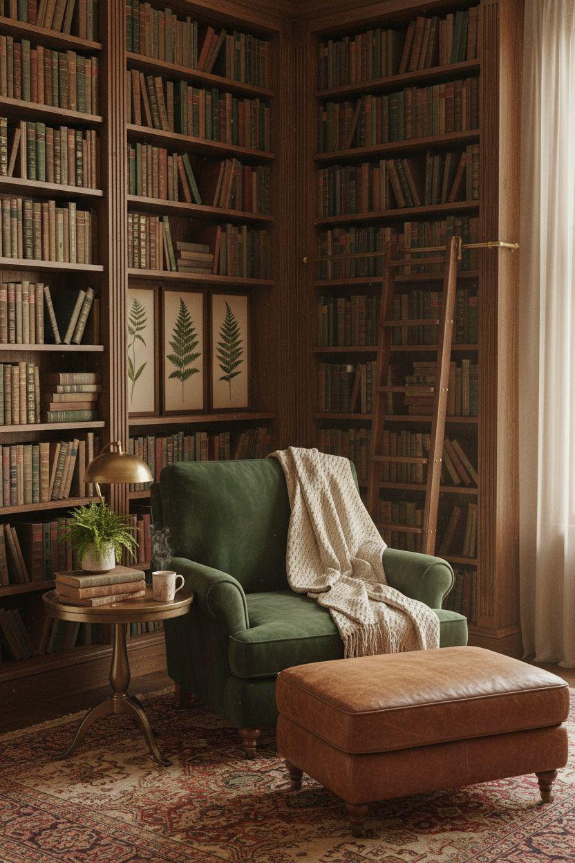 Cozy Home Library Ideas with floor-to-ceiling dark wood bookshelves