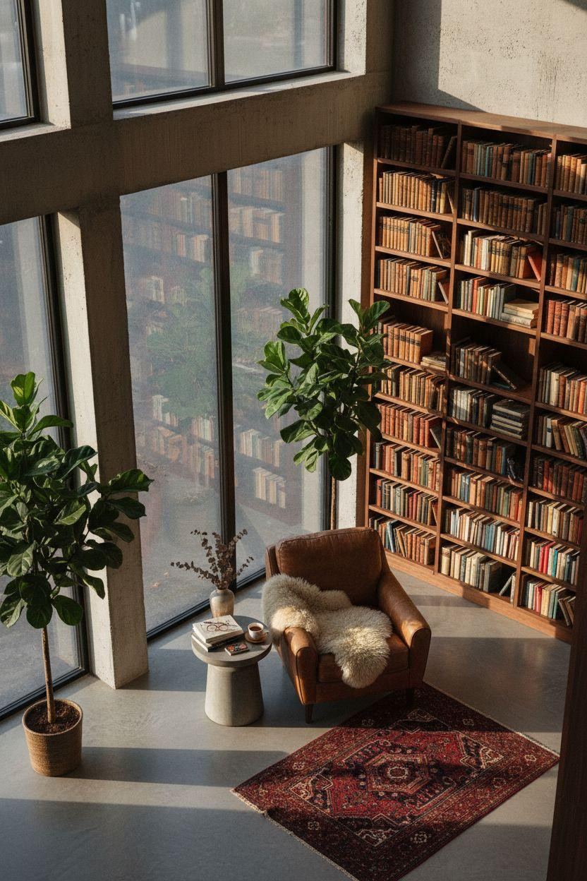 Cozy Home Library Ideas modern industrial with concrete and glass