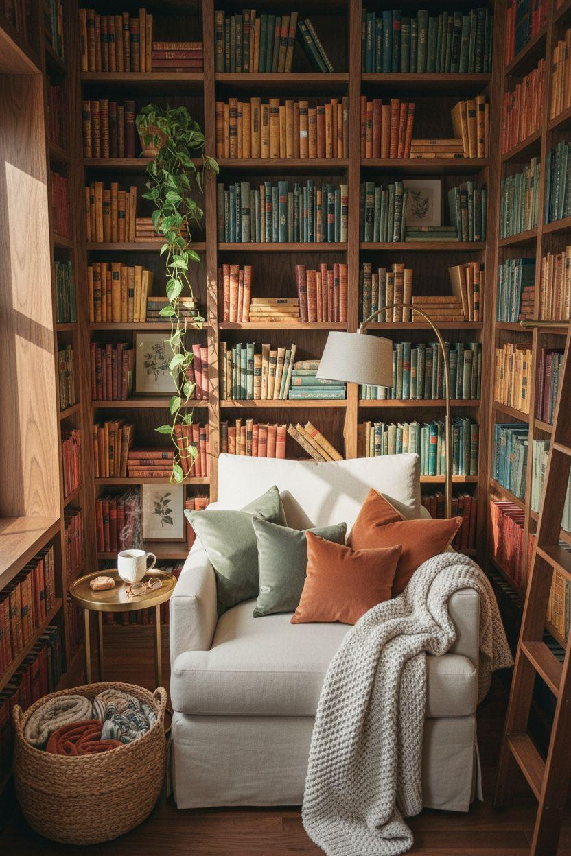 Small Home Library Ideas - warm walnut shelves with cream chair
