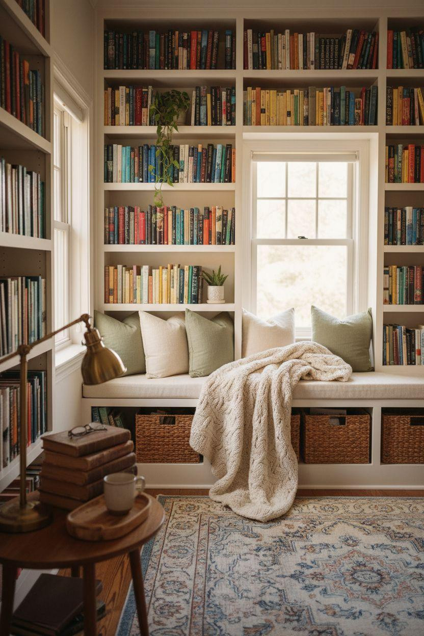 Small Home Library Ideas - window seat reading nook