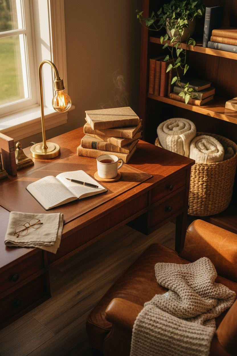 Cozy Home Library Ideas organized workspace with desk