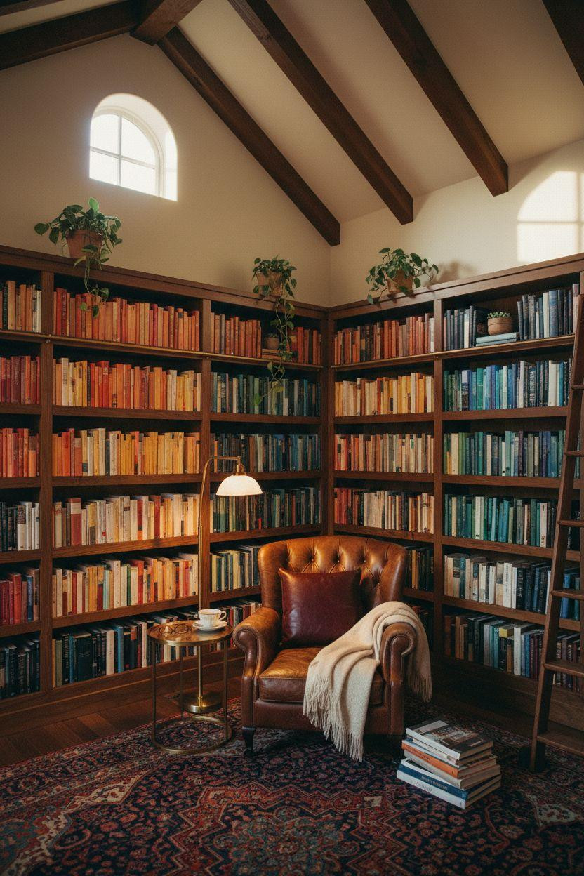 Small Home Library Ideas - vaulted ceiling library space