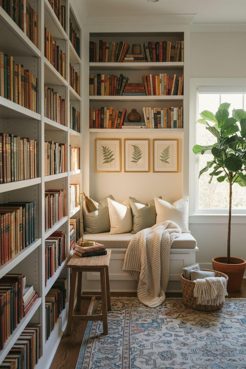 Cozy Home Library Ideas with white bookshelves and window seat