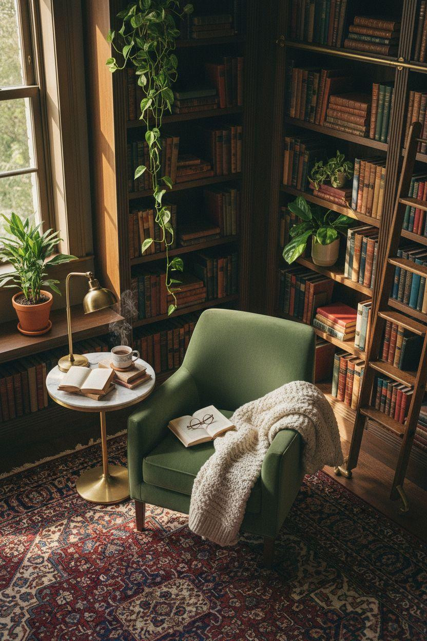 Cozy Home Library Ideas with walnut shelving and green chair