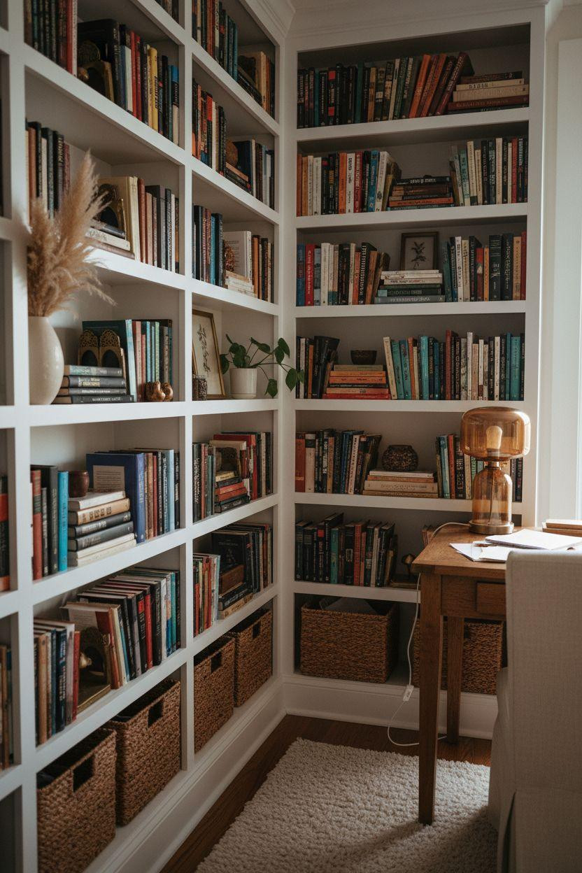 Bookshelf living room with integrated home office workspace