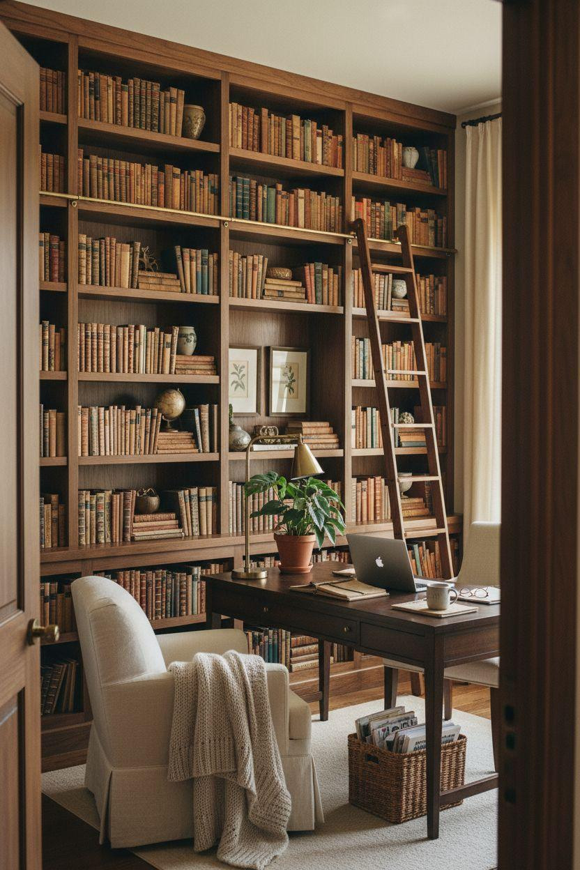 Home Office Library Ideas - walnut shelves with cream chair and monstera plant