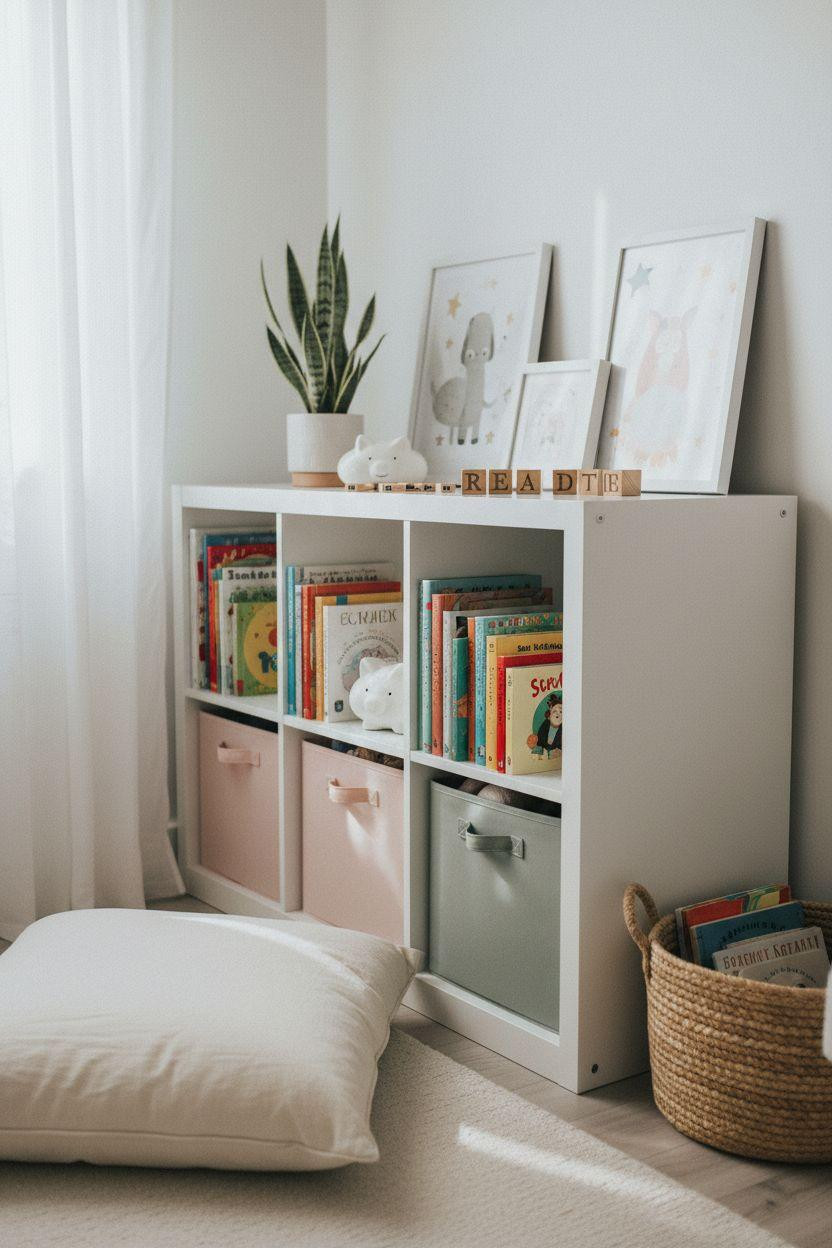 Nursery Bookshelf using IKEA Kallax for budget storage