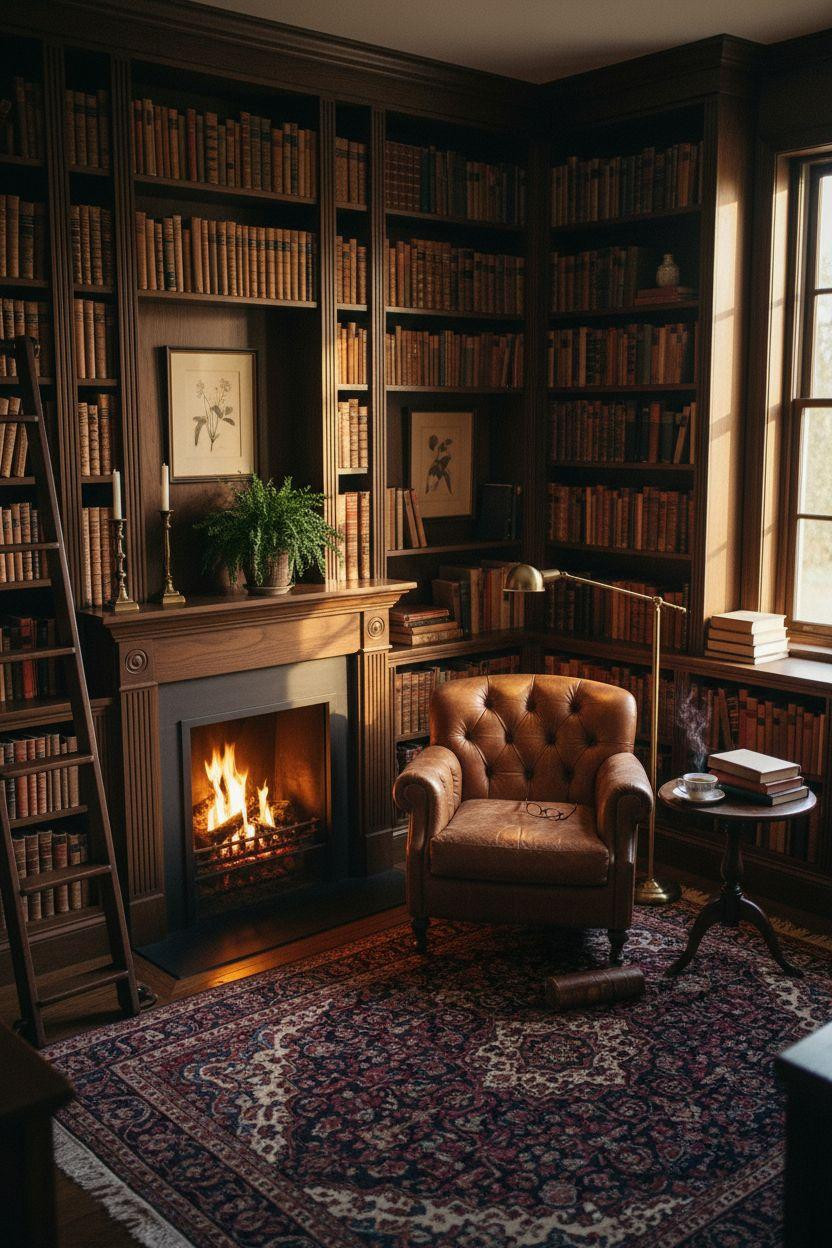 Small Home Library Ideas - fireplace flanked by bookshelves