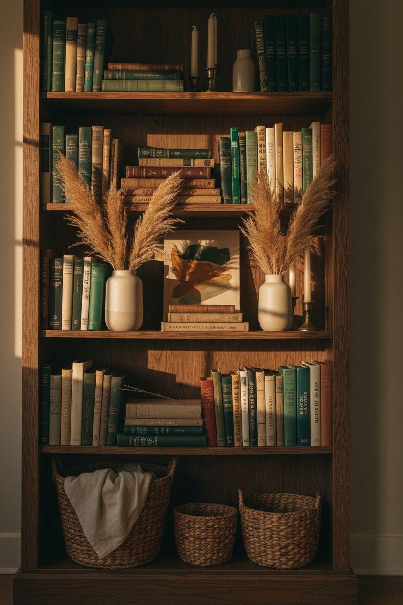 Shelf Decor Living Room - bookshelf with vintage books, pampas grass, and brass candleholders