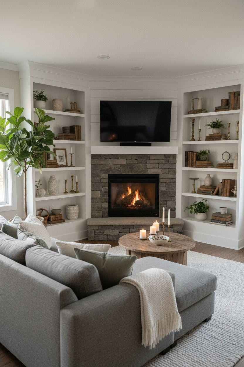Corner stone fireplace with built-in white shiplap shelving and TV