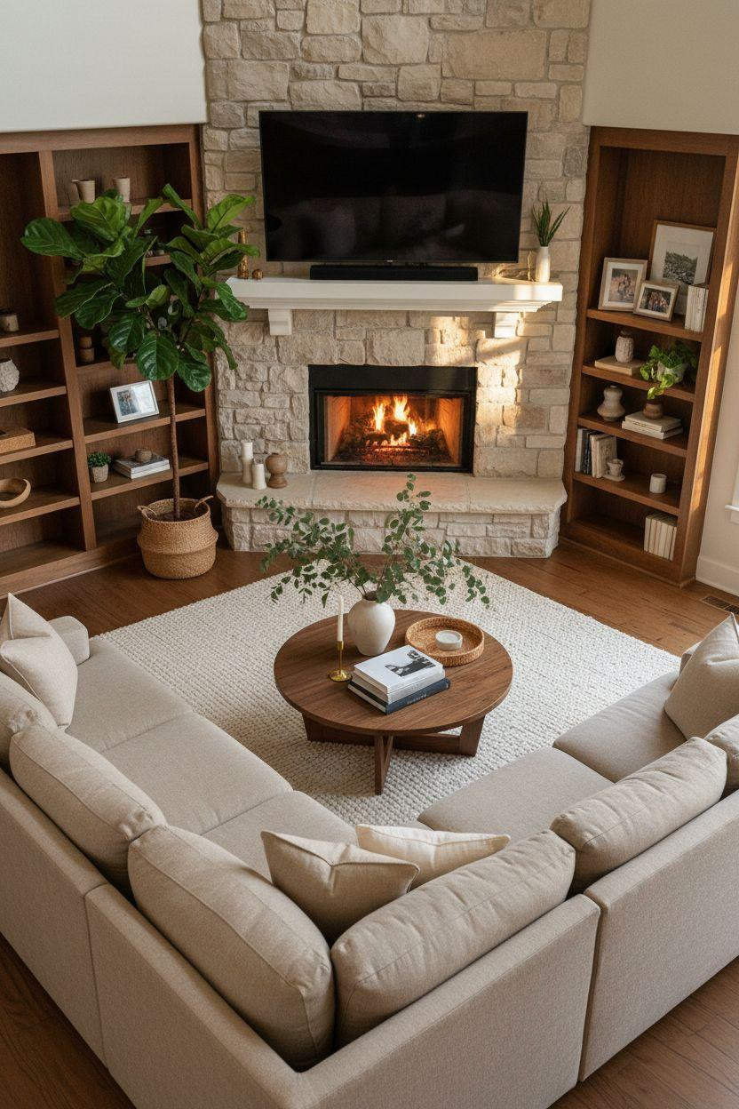 Corner Fireplace Living Room Layout showing L-shaped sectional arrangement