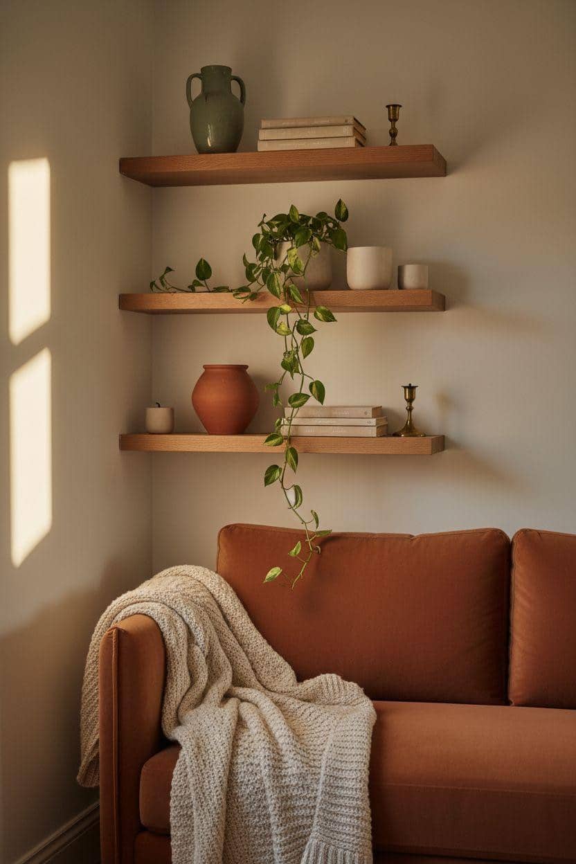 Shelf Decor Living Room - floating shelves above velvet loveseat in small living room