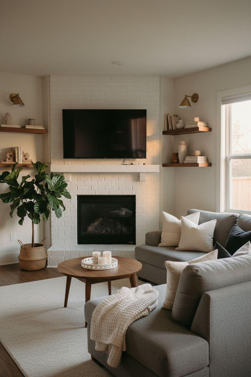 Corner Fireplace Living Room Layout with white painted brick