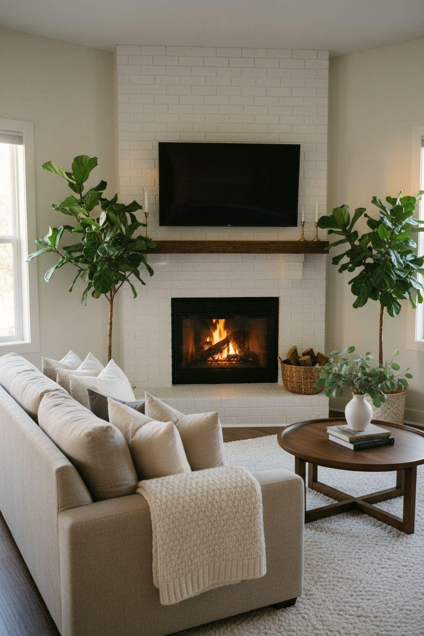 Small living room with white corner fireplace and beige sectional