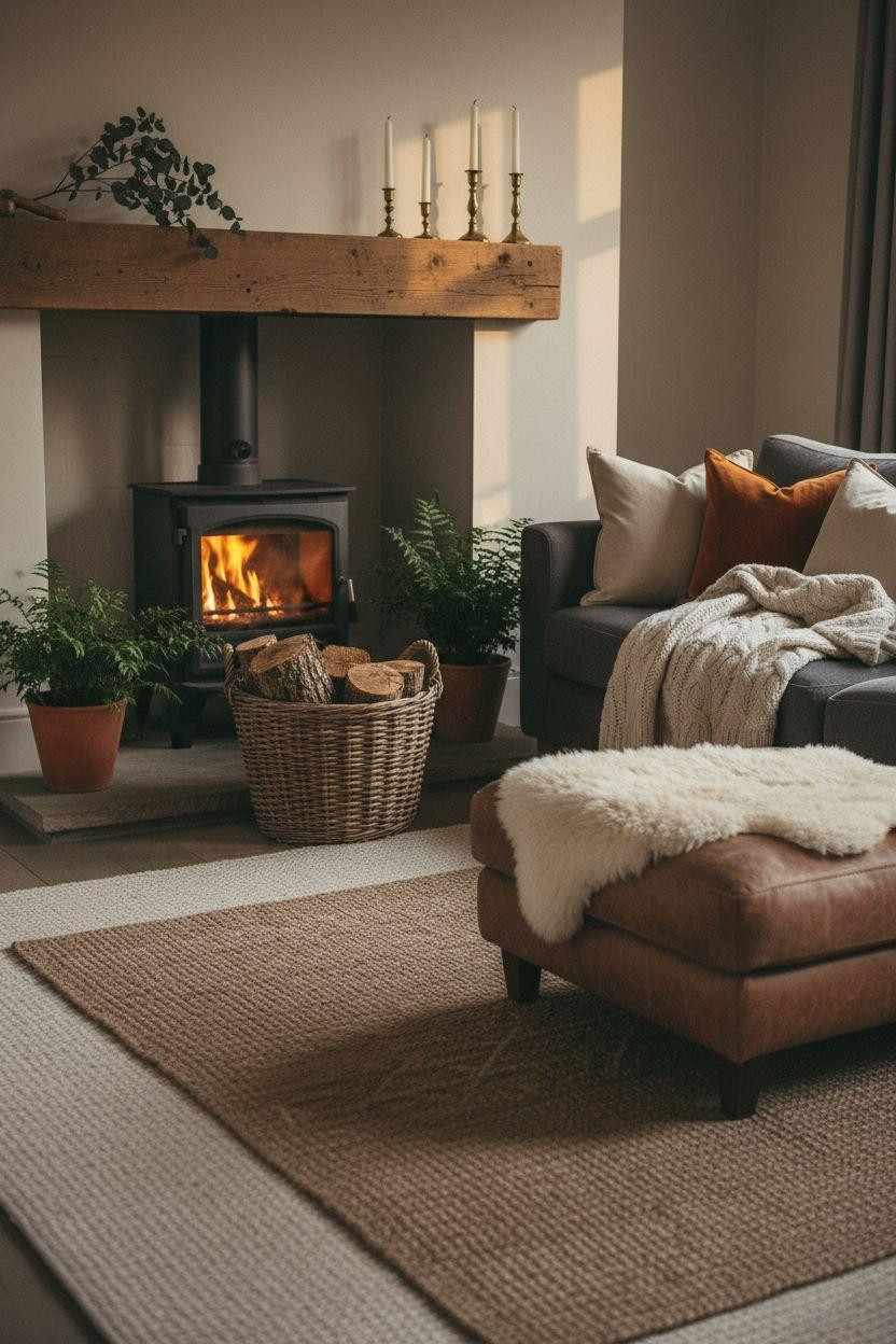 Fireplace Ideas - log burner with textured throws