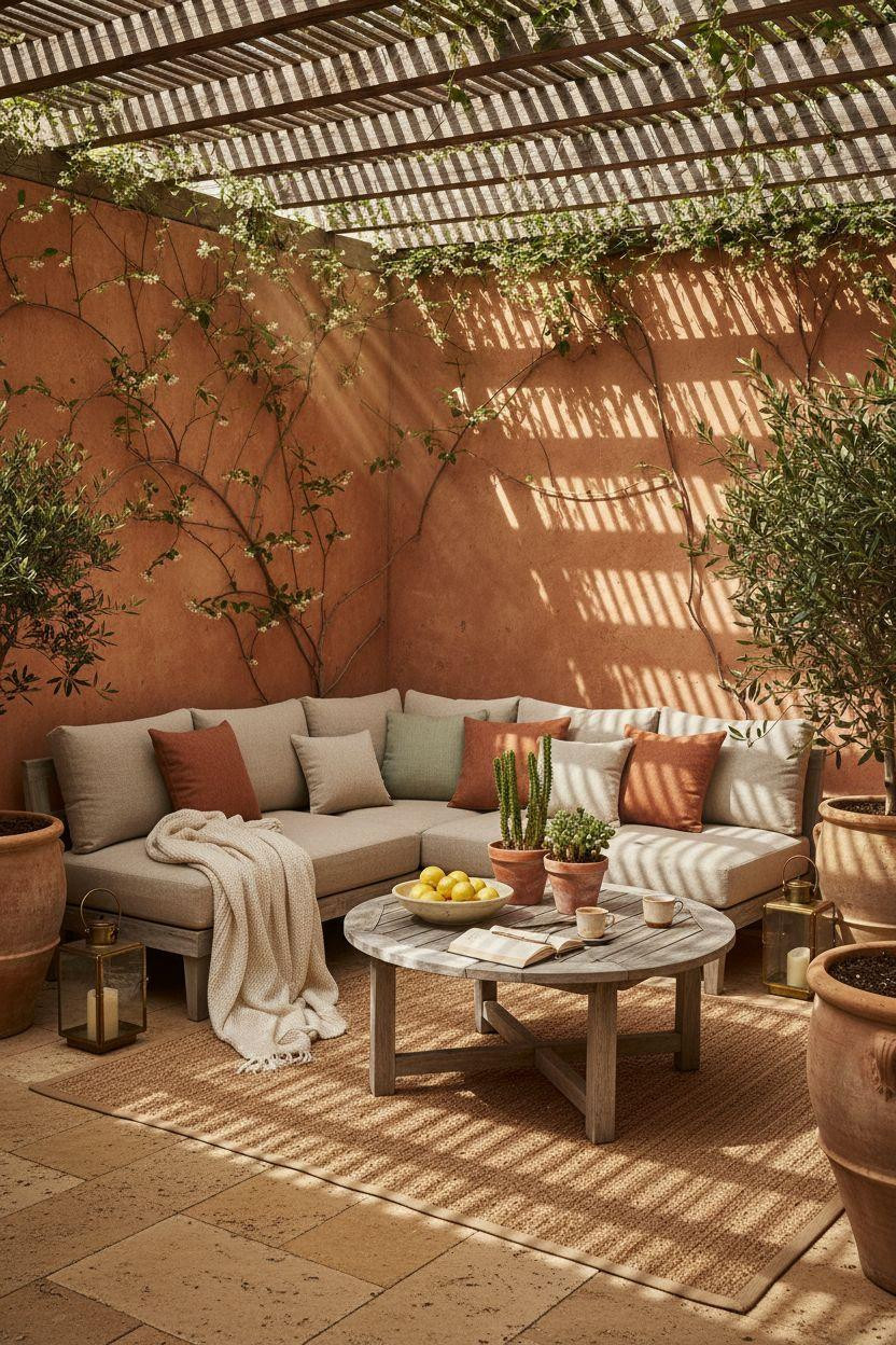 Backyard patio ideas for small spaces with Belgian linen sectional