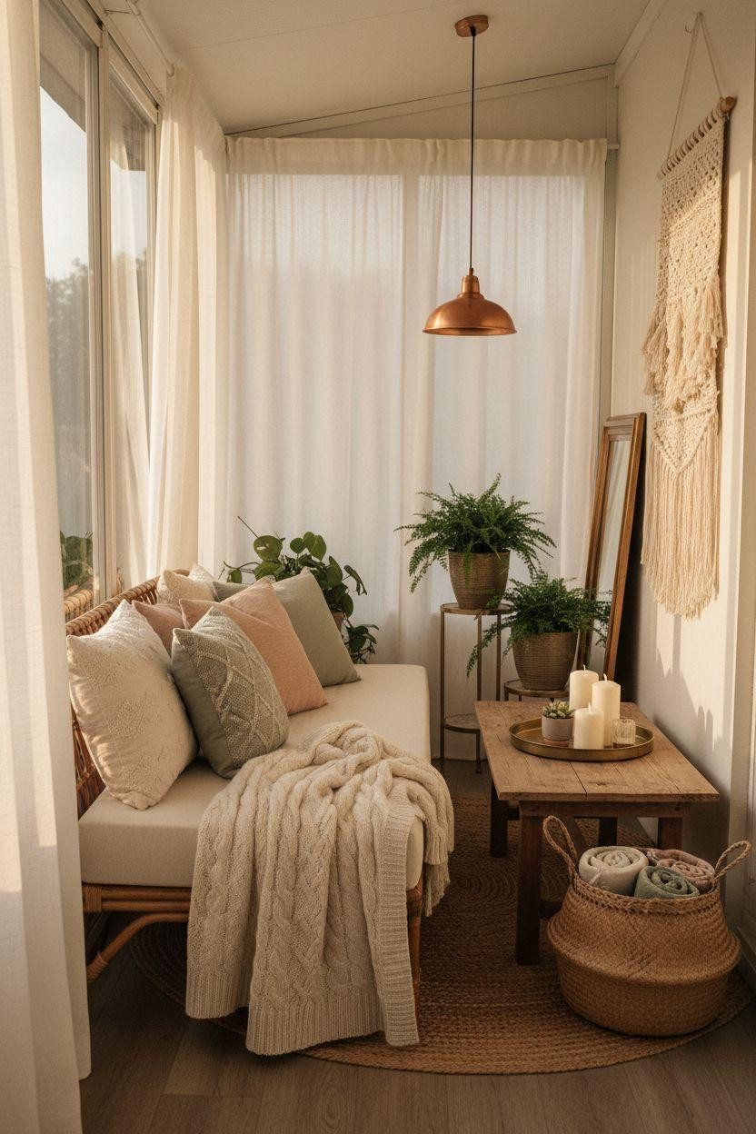 Small sunroom ideas for narrow spaces with rattan daybed