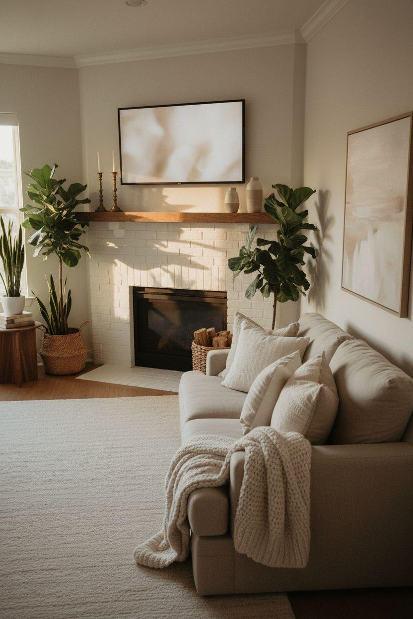 Neutral small living room with corner fireplace and taupe accents