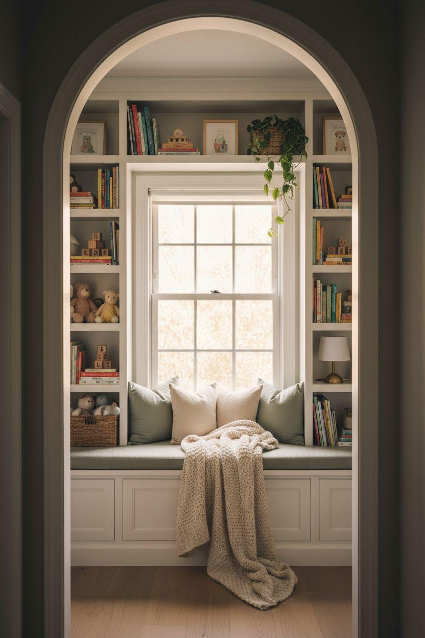 Nursery Bookshelf with built-in window seat and shelving