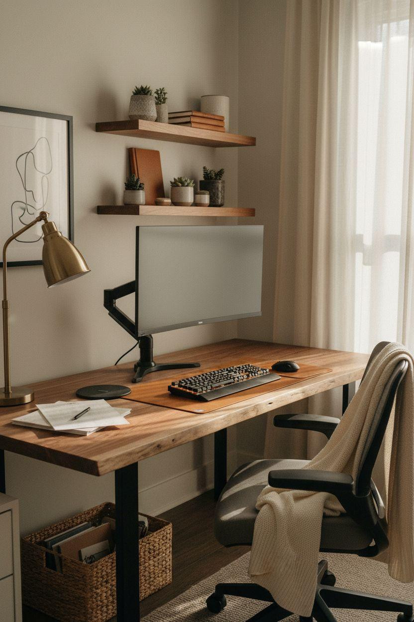Office room ideas with walnut desk and cream knit throw