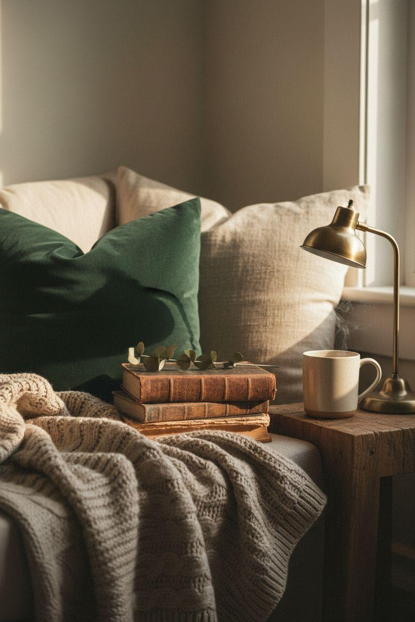 Cozy Home Library Ideas reading nook with textured layers