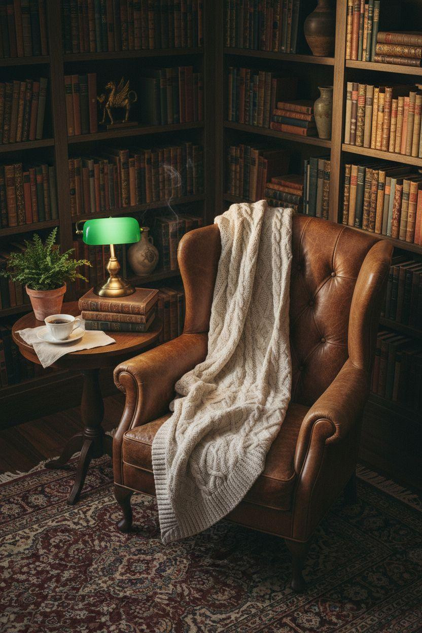 Cozy Home Library Ideas featuring leather reading chair