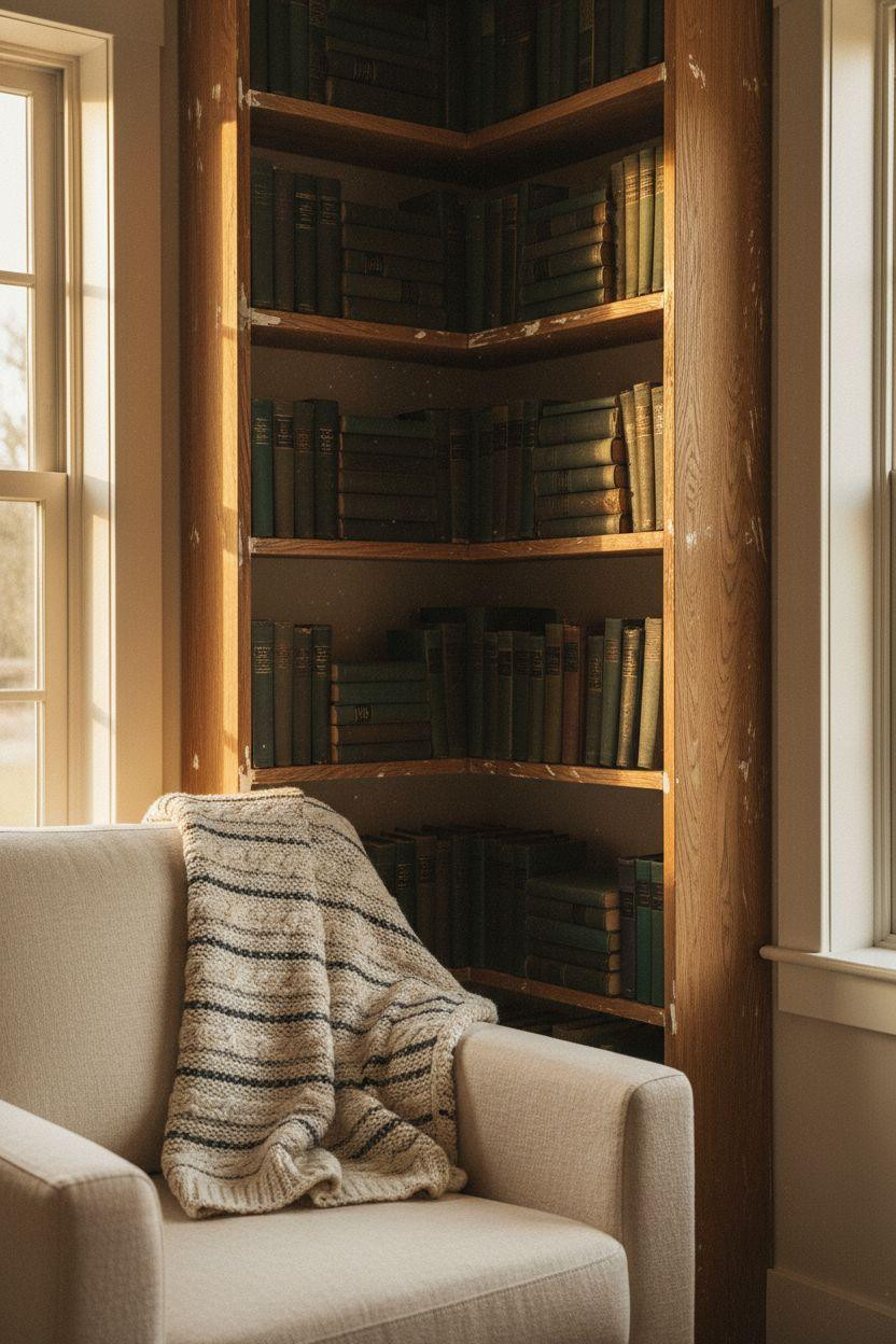 Corner bookshelf - cozy reading nook with oak shelves and chair