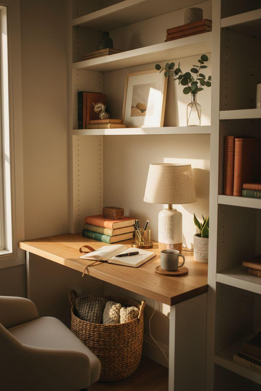 Bookshelf living room with integrated home office desk and shelving