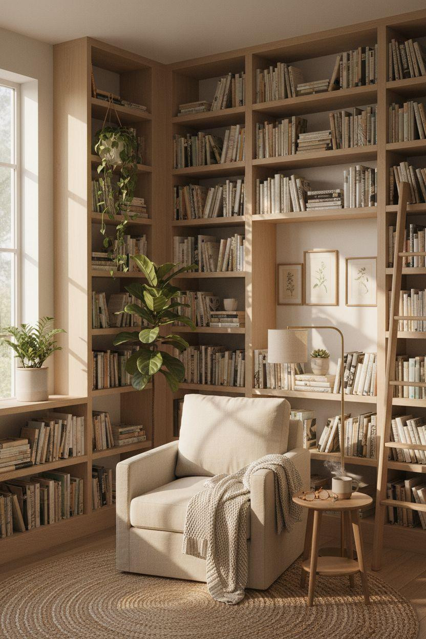 Cozy Home Library Ideas Scandinavian style with light wood