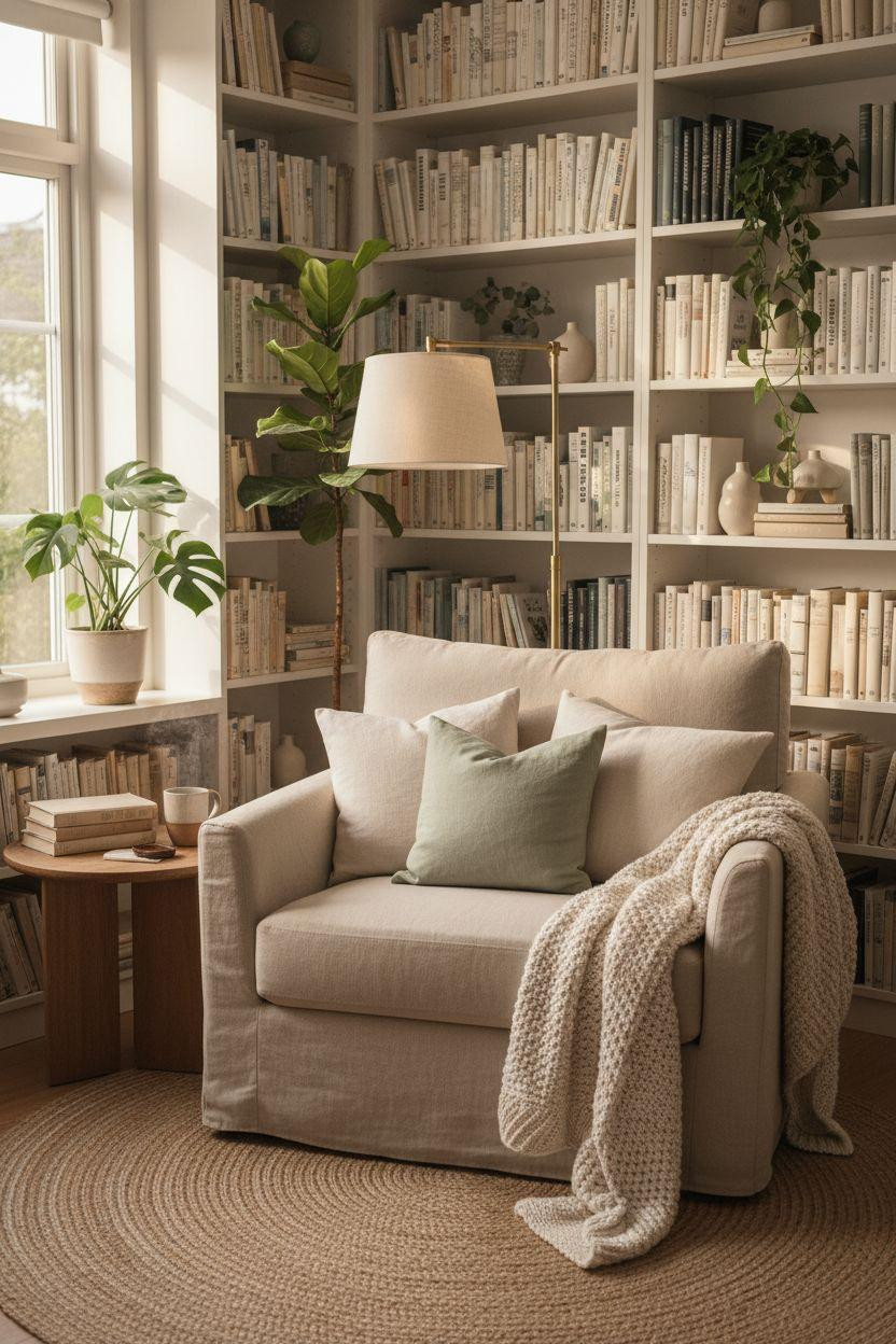 Bookshelf living room featuring cozy reading nook with layered textiles