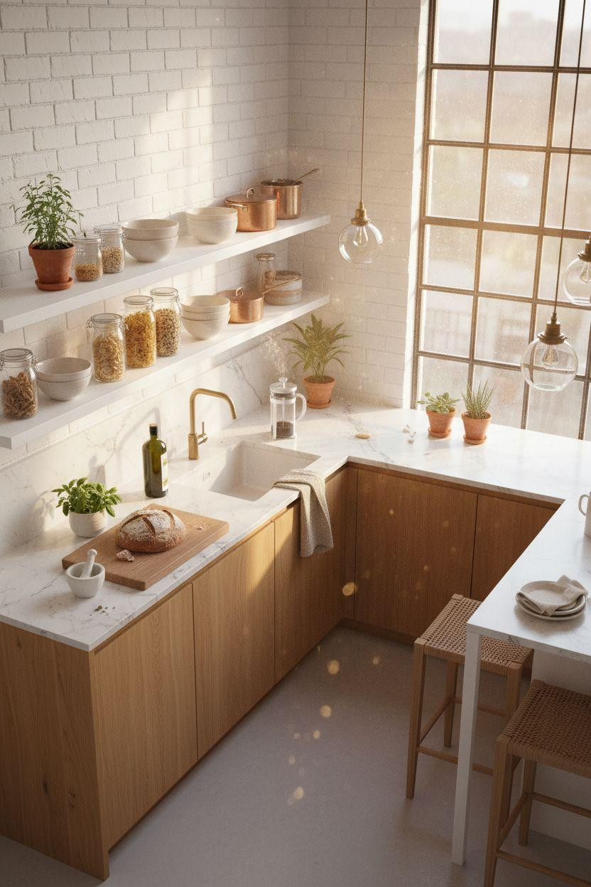 Small kitchen with breakfast bar and open shelving