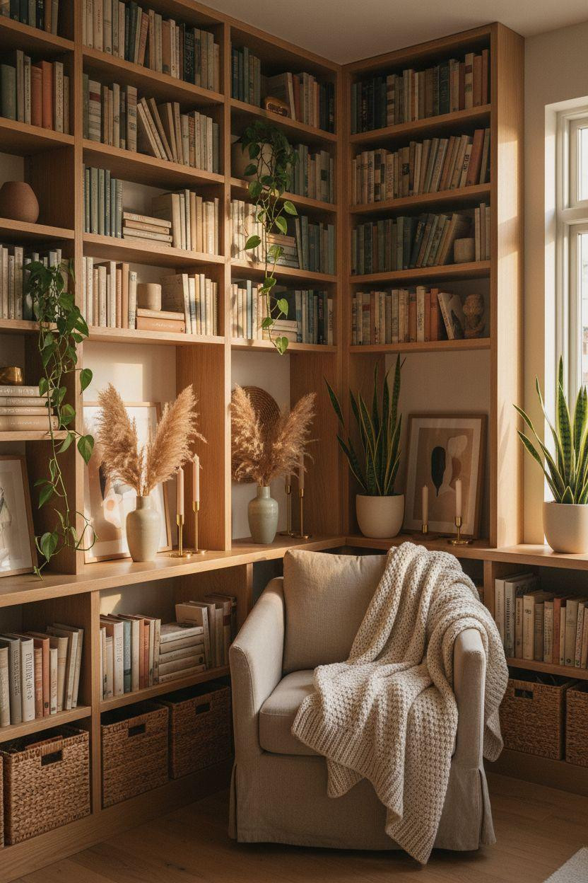 Bookshelf living room with warm oak shelves and cozy reading corner