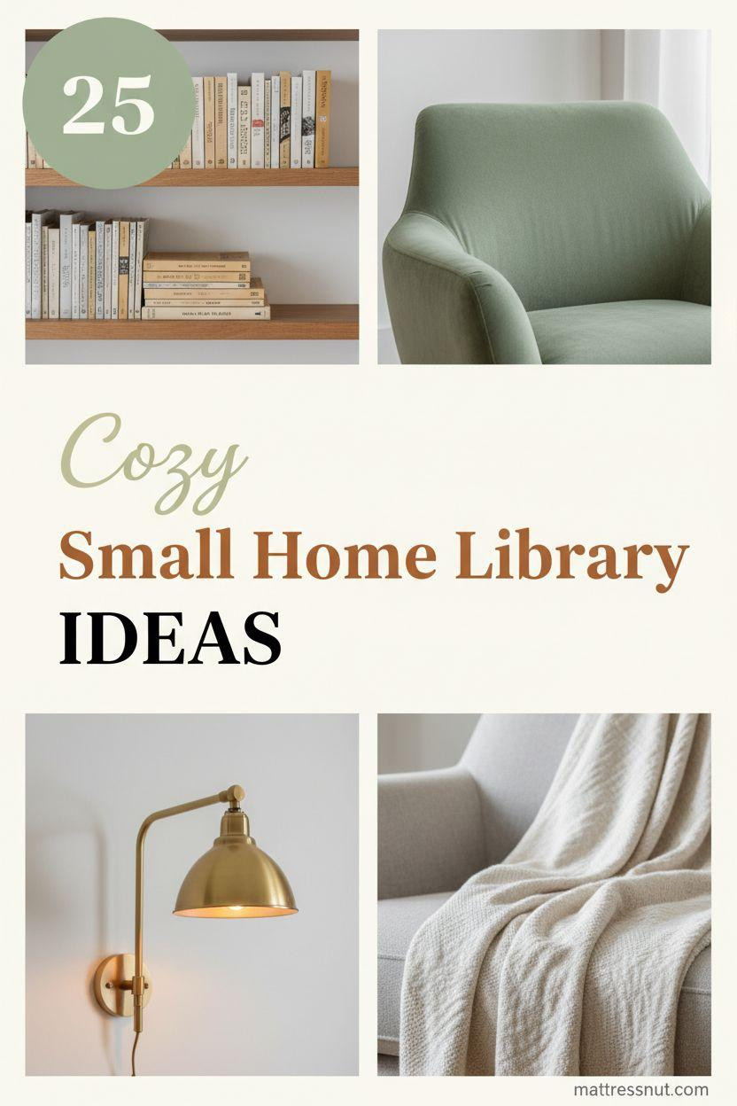 Collage cover for Pinterest board showcasing cozy small home library elements: natural oak floating bookshelf with books, sage green velvet reading chair, brass swing arm wall sconce, and draped cream linen throw blanket in 2x2 grid on clean ivory background. Features circular sage green badge with '25' and tiered text overlay: 'Cozy' in cursive, 'Small Home Library' in italic serif, 'IDEAS' in bold caps.