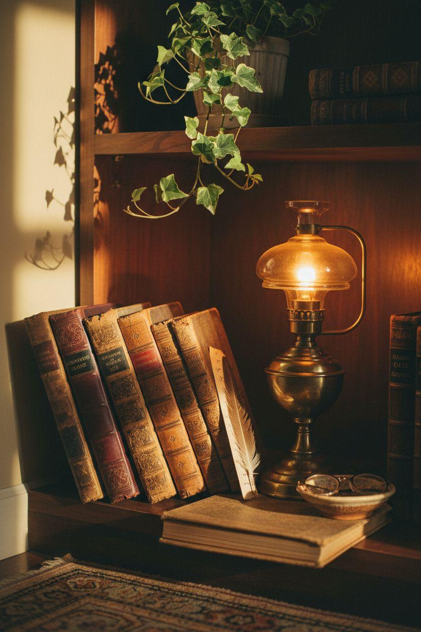 Small Home Library Ideas - vintage leather books with brass lamp